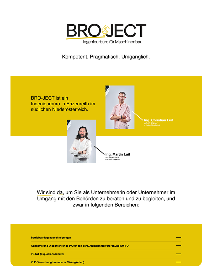 BroJect-Ipad BRO-JECT Ingenieurbüro für Maschinenbau Logo mit Ing. Christian Luf und Ing. Martin Luf, die Beratungsleistungen für Behörden präsentieren.
