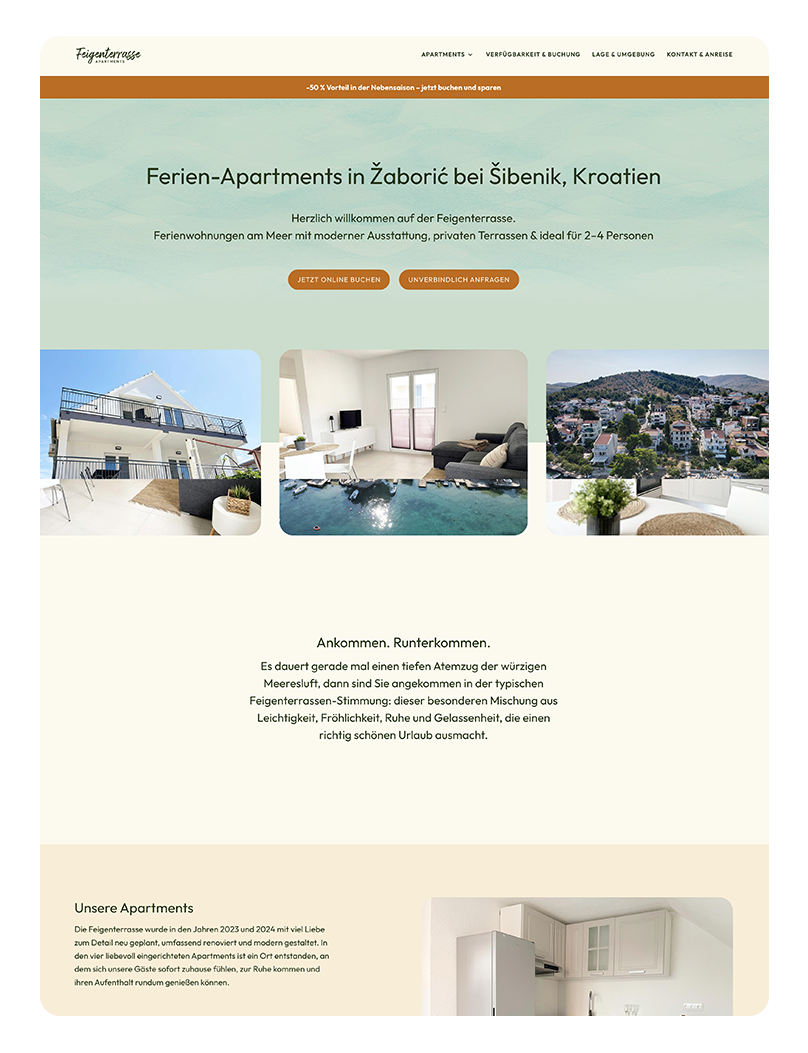 FeigeZaboric-Ipad Website mit Ferien-Apartments in Žaborić bei Šibenik, Kroatien, mit modernen Wohnungen und Meerblick.