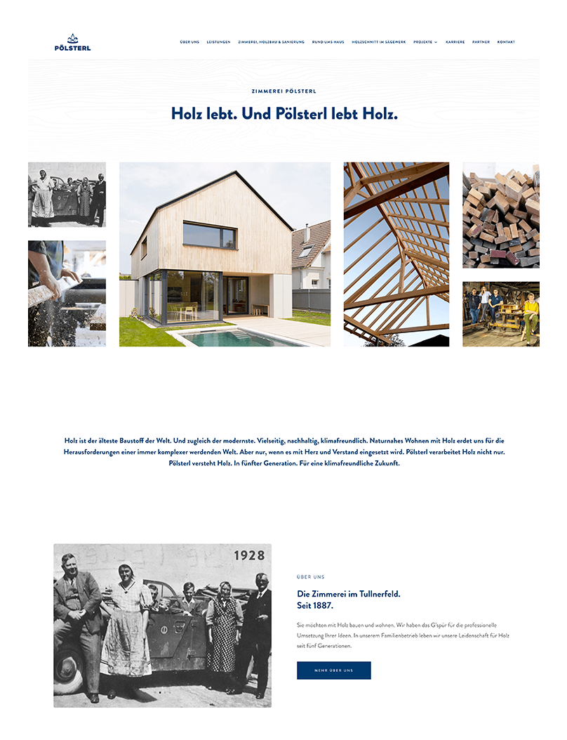 Poelsterl-Ipad Website der Zimmerei Pölster mit Holzrahmenbau, Holzbauweise und historischem Foto von 1928.
