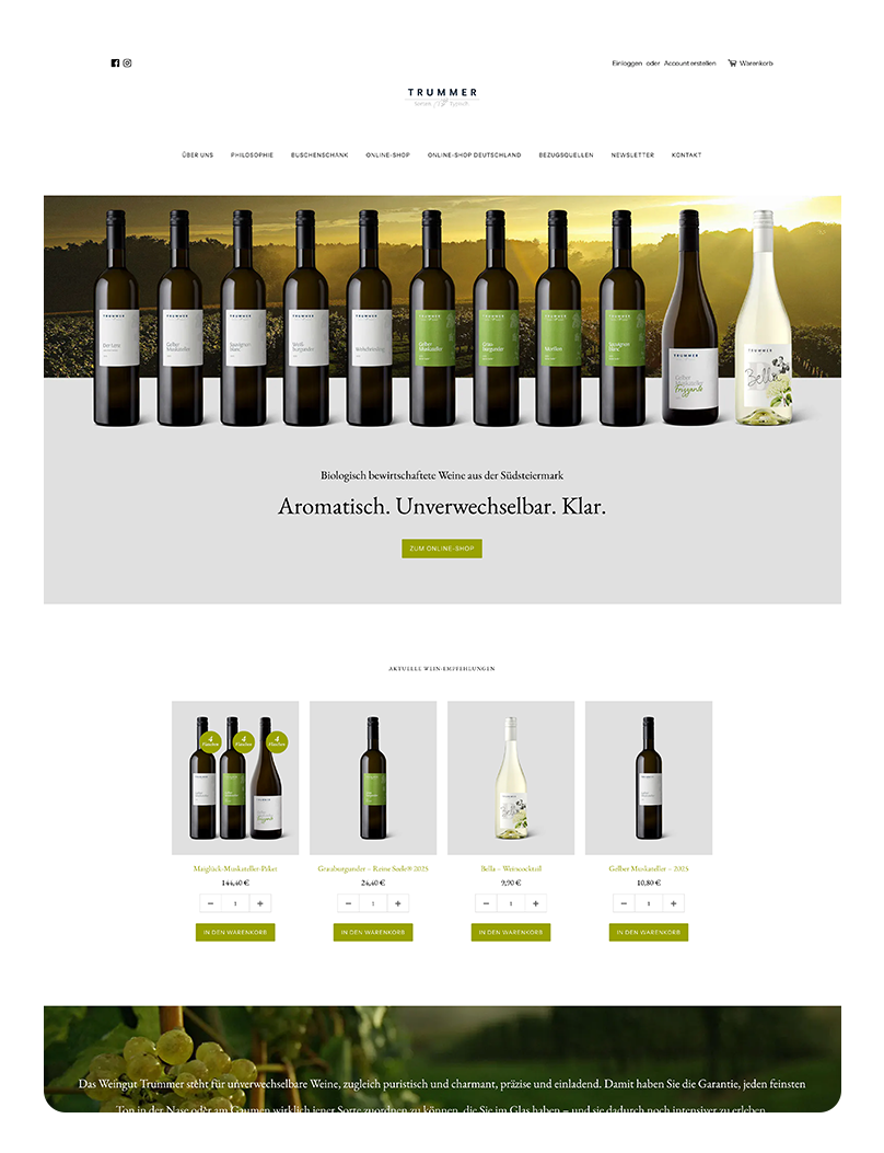 Trummer-Ipad Website der Weinguts Trummer mit einer Reihe von Weinflaschen vor sonnigem Weinberg