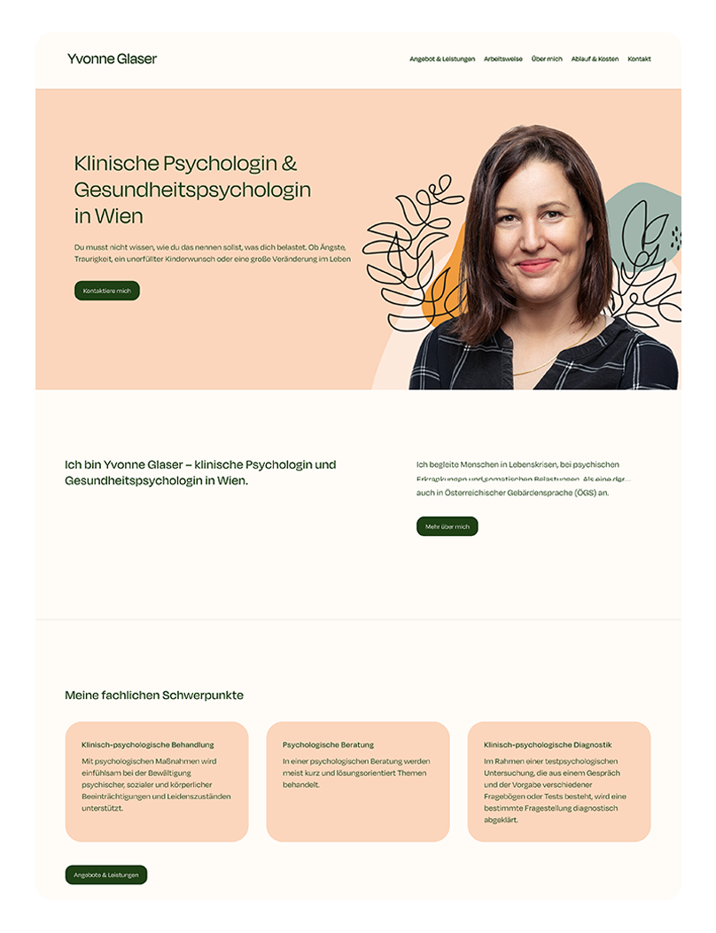 YvonneGlaser-Ipad Lächelnde Frau mit dunklen Haaren und schwarzem Pullover, daneben Text über klinische Psychologin Yvonne Glaser in Wien.